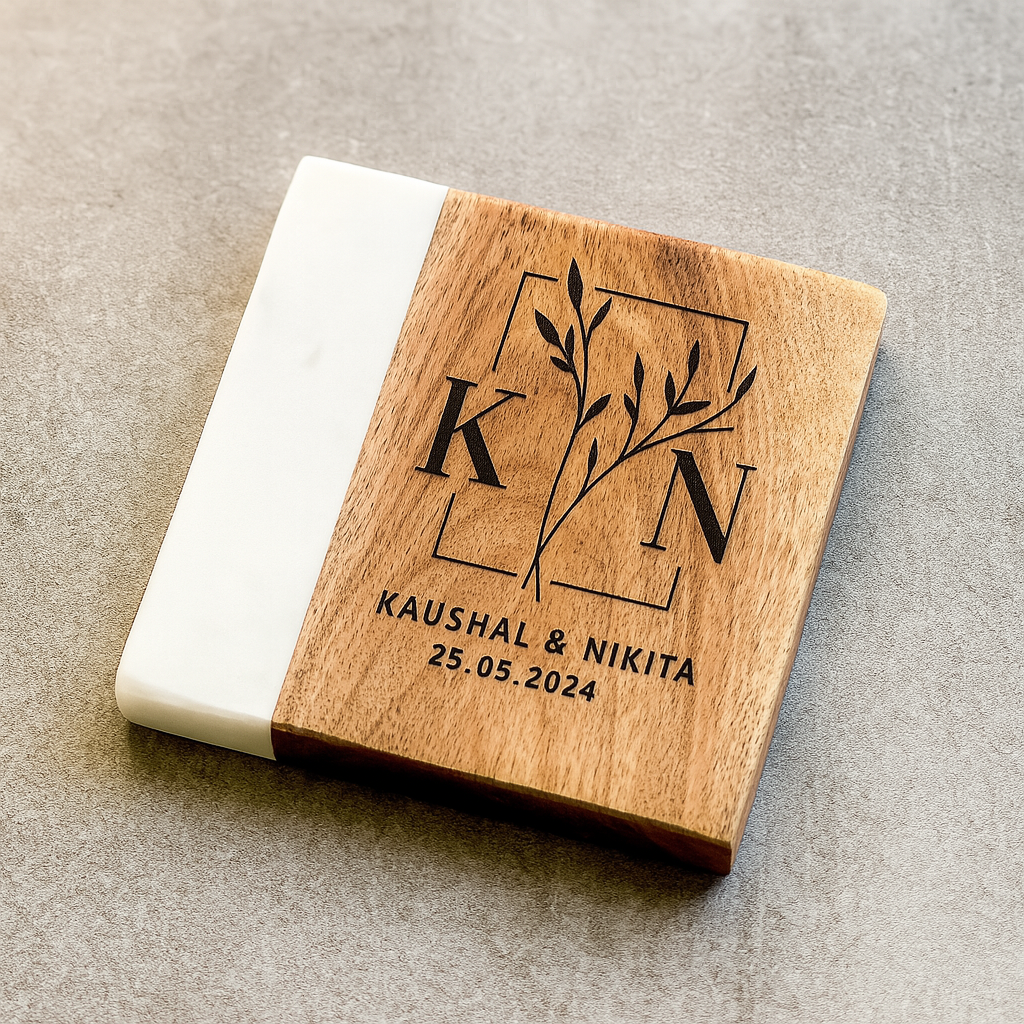 Custom Marble & Wood Wedding Coaster – Personalized Initials & Design