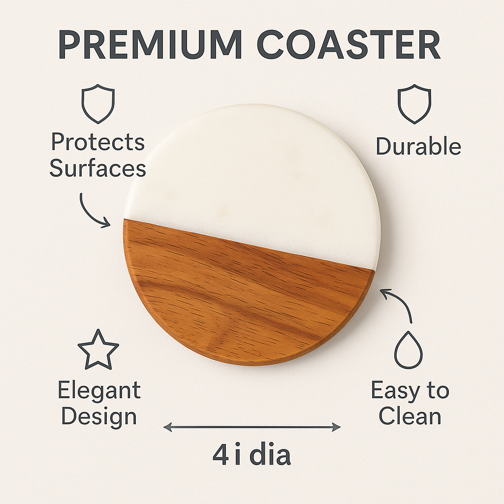 Premium Marble and Wood Coaster – 4 Inch Round Drink Coaster | Elegant Home Décor