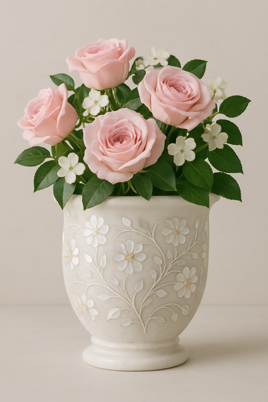 12-Inch White Marble Flower Pot with Mother of Pearl Inlay – Handcrafted Decorative Vase