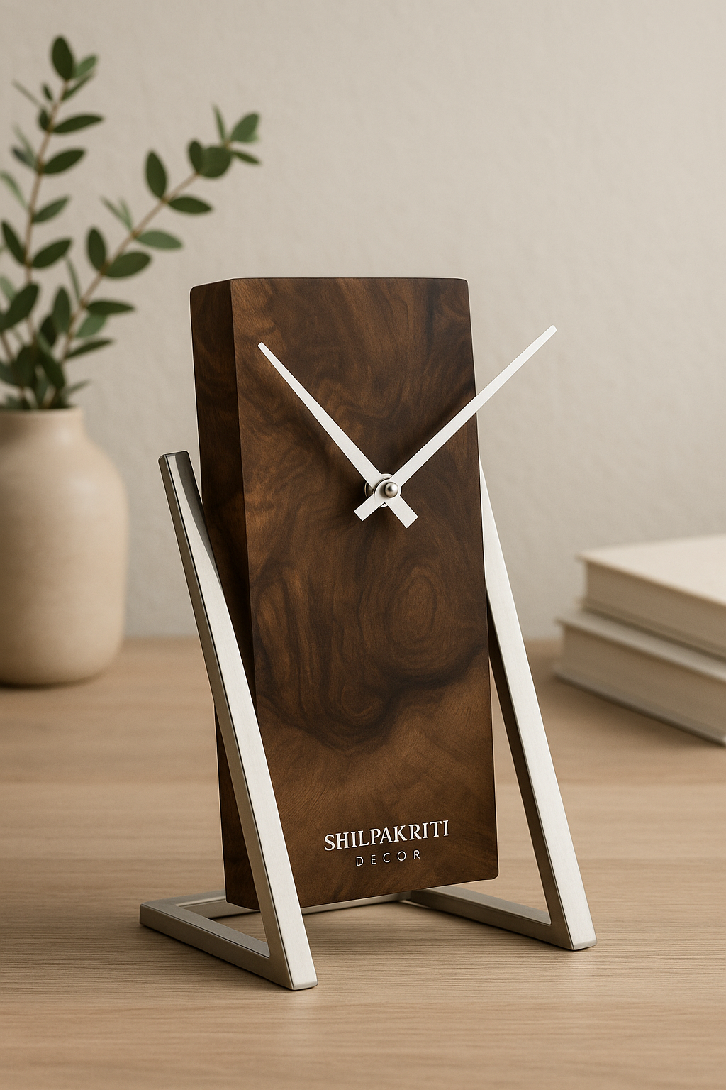 Luxury Wooden Table Clock with Stainless Steel Stand – ShilpAkriti Decor