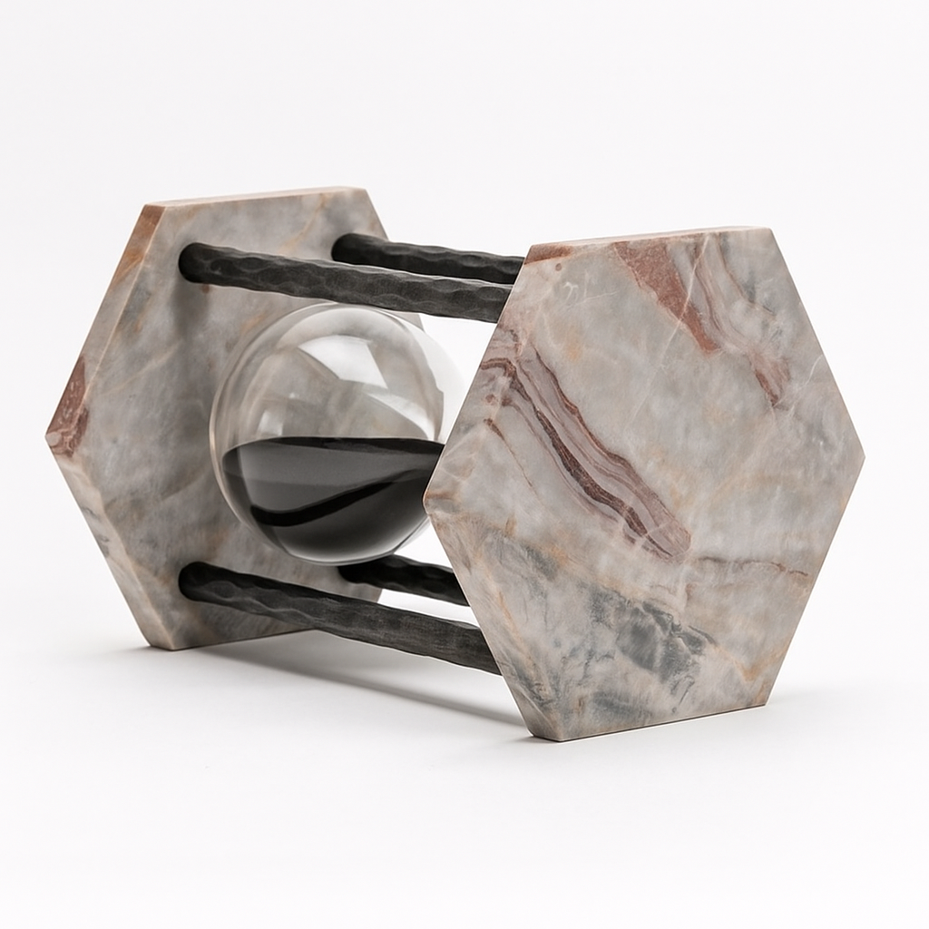 Handcrafted Marble Hourglass with Black Sand – Hexagon Design | Luxury Table Decor