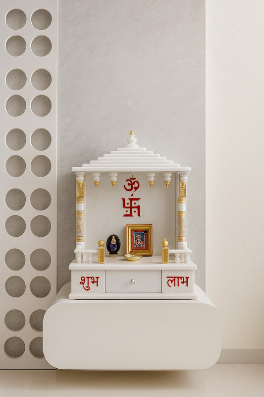 Luxurious Handcrafted White Marble Home Temple with Golden Accents – Wall Mounted Pooja Mandir