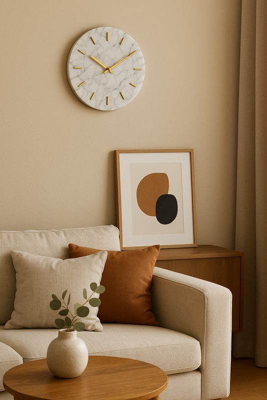 Minimalist White Marble Wall Clock – 12 Inch Round with Gold Hands | Luxury Home Decor