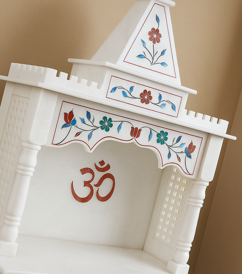 Compact Handcrafted Marble Temple with Floral Inlay – 15x24"