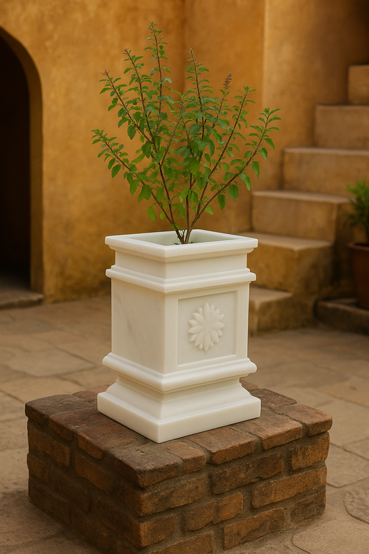 Marble Tulsi Pot — Sacred Basil Planter for Home Temple & Outdoor Decor