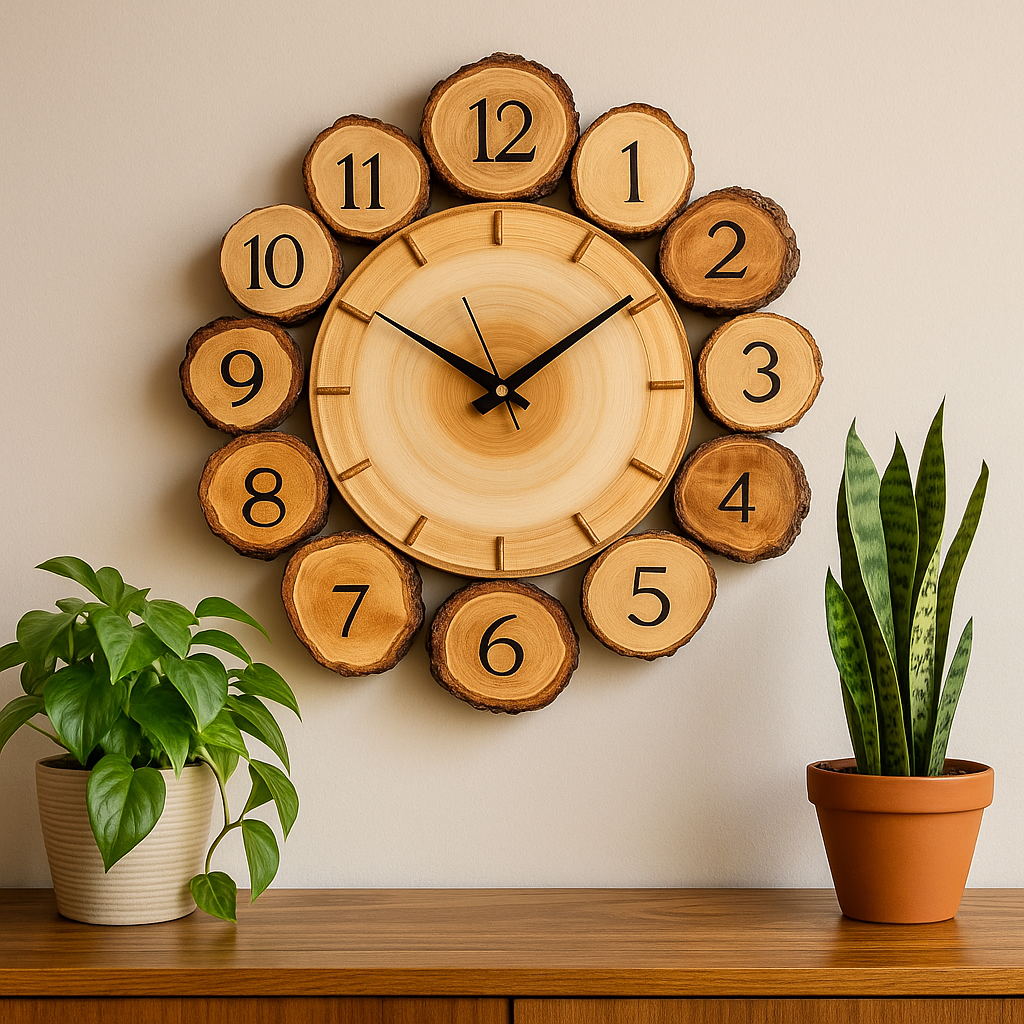 Handmade Rustic Wooden Wall Clock from Tree Log Slices – Nature-Inspired Home Décor | ShilpAkriti Decor