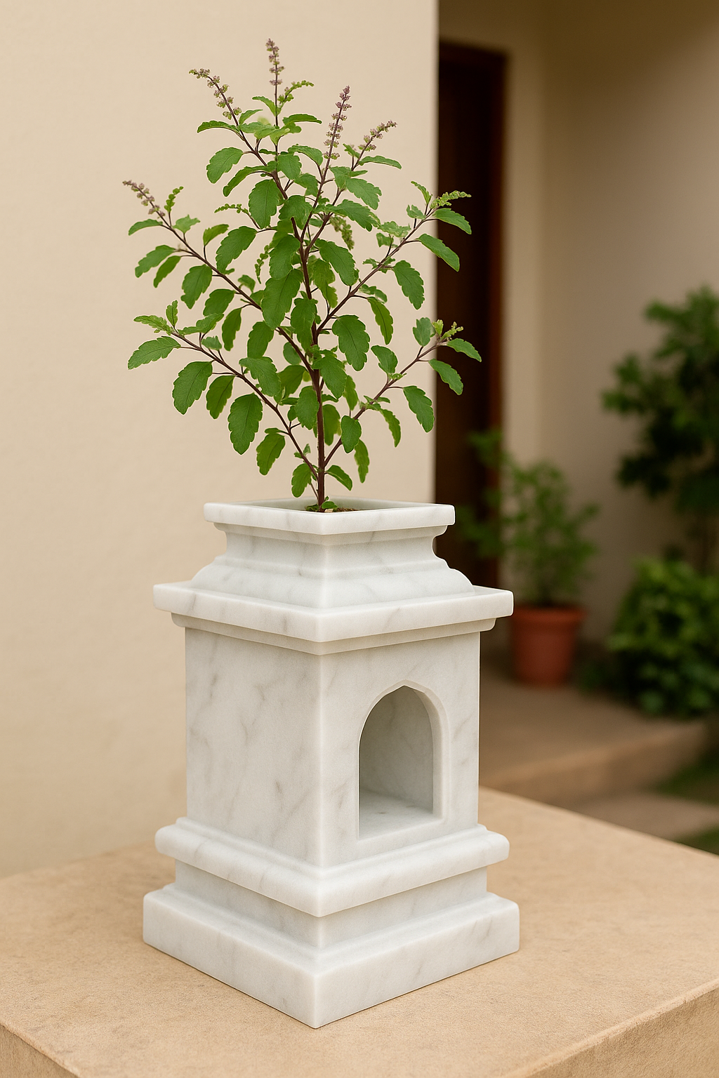 Traditional White Marble Tulsi Pot with Arched Carving – Handcrafted for Home Temple
