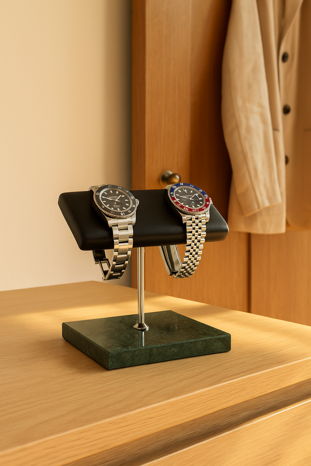 Green Marble Watch Stand – Dual Luxury Watch Holder with Leather Cushion | Elegant Men's Gift