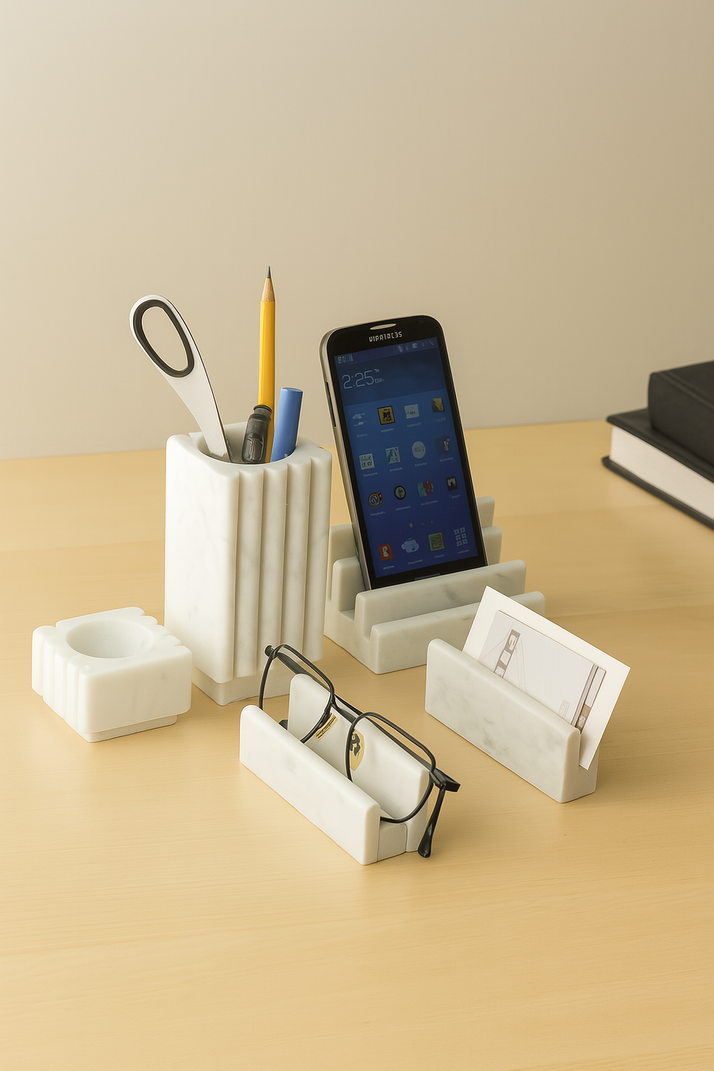 Luxury White Marble Desk Organizer Set — Premium 5-Piece Office Accessories for Modern Workspaces (Handcrafted, Includes Pen Holder, Phone Stand & More)