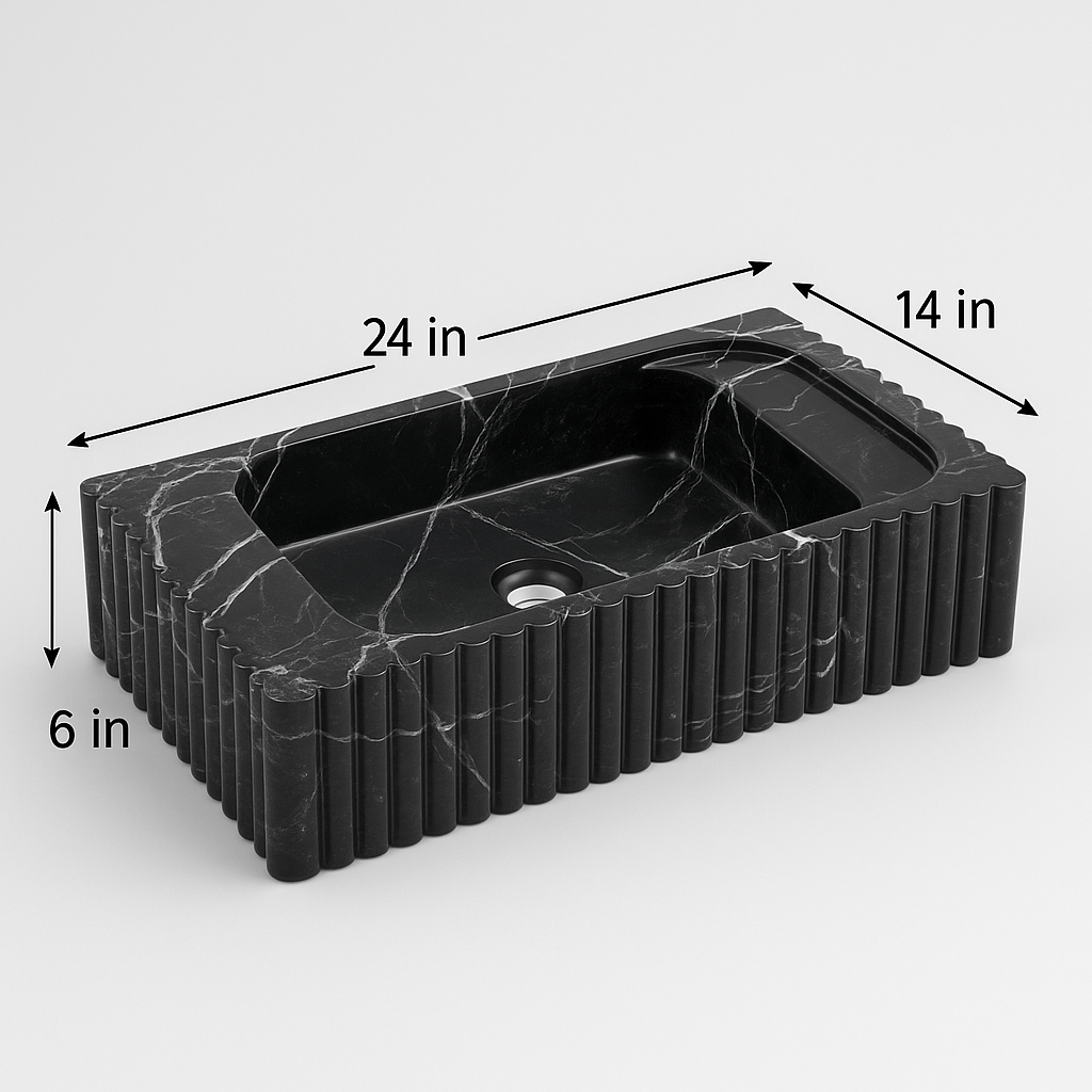Luxury Black Marquina Marble Rectangular Wash Basin – 24"x14"x6", Fluted Design, Handcrafted Stone Sink