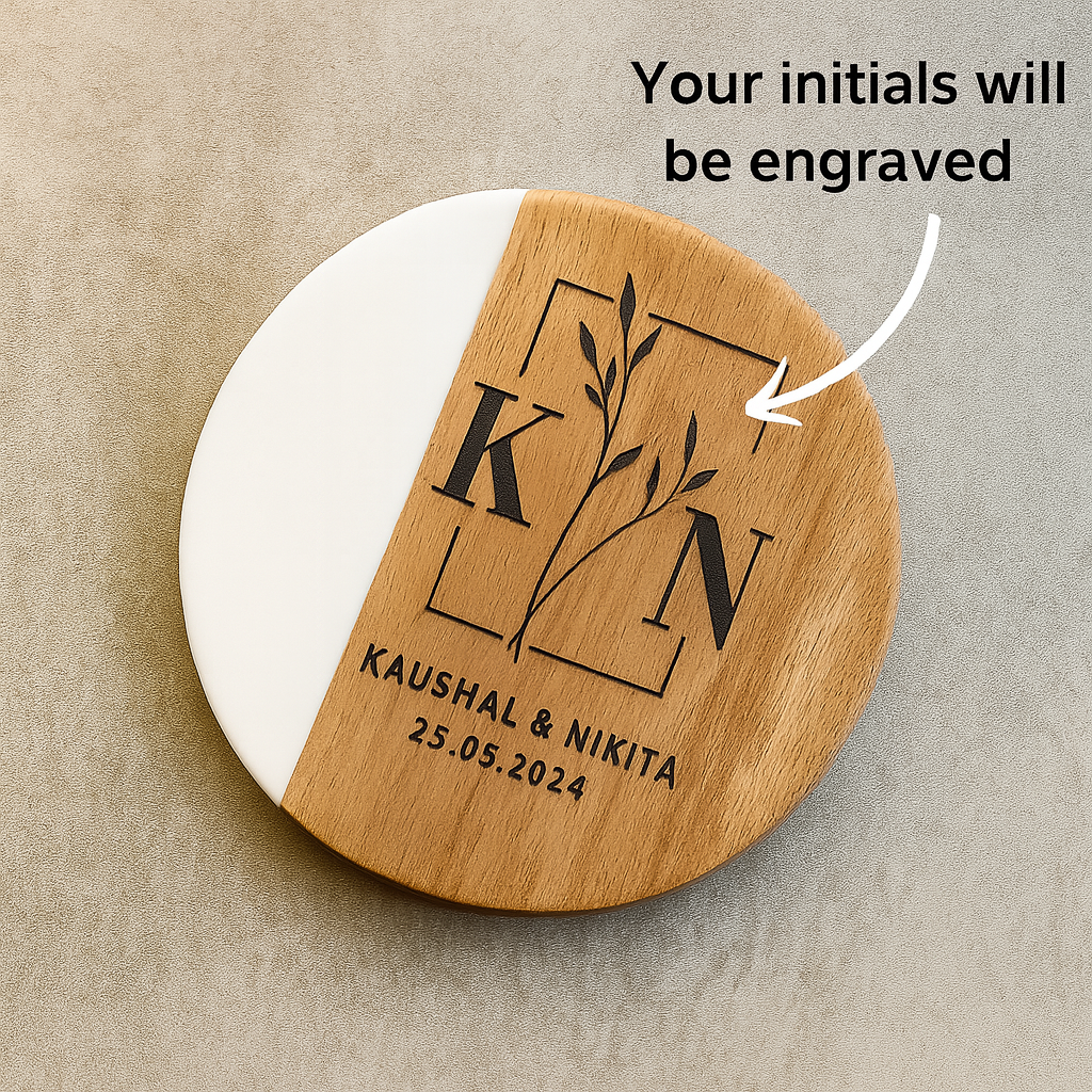 Personalized Round Marble & Wood Coaster – Custom Initials & Design Gift