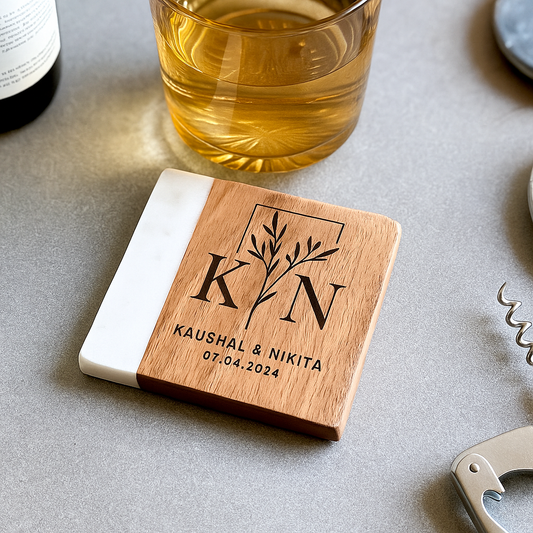 Custom Marble & Wood Wedding Coaster – Personalized Initials & Design